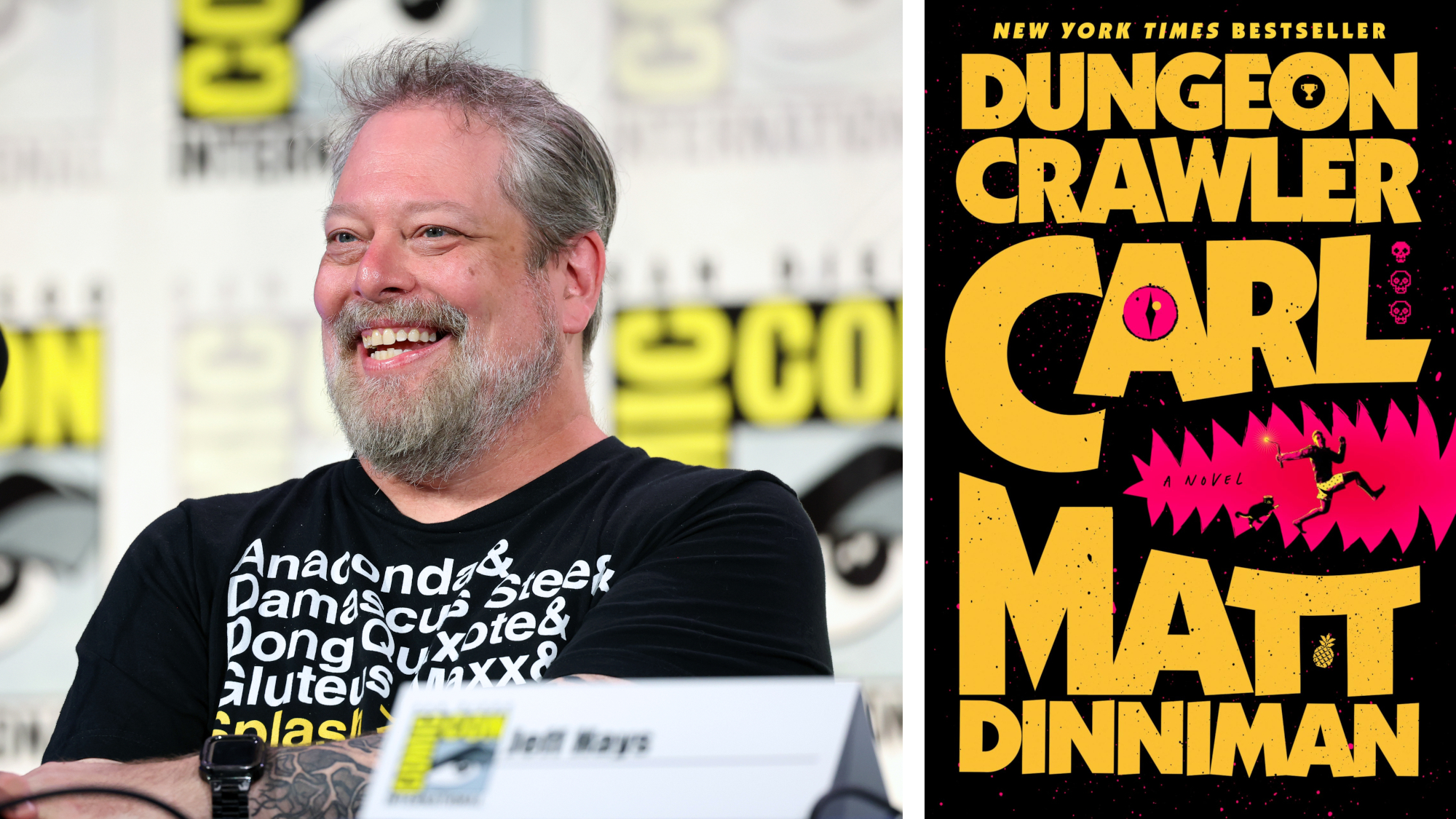Matt Dinniman, author of &ldquo;Dungeon Crawler Carl&rdquo;, shown next to the book cover.