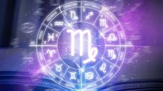 Virgo Season 2022: zodiac sign. Abstract night sky background. Virgo icon on blue space background. Zodiac circle on a dark blue background of the space. Astrology. Cosmogram. twelve signs of the zodiac