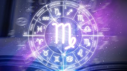 Virgo Season 2022: zodiac sign. Abstract night sky background. Virgo icon on blue space background. Zodiac circle on a dark blue background of the space. Astrology. Cosmogram. twelve signs of the zodiac