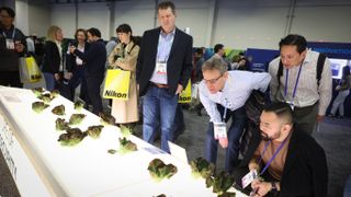 CES 2024 visitors wearing Nikon bags examining mysterious lettuces on the show floor