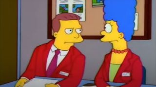 Lionel Hutz glares angrily at Marge Simpson in The Simpsons.