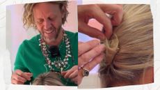 Hair stylist michael douglas shown in a green jumper styling a blonde bob haitcut into an updo using pins