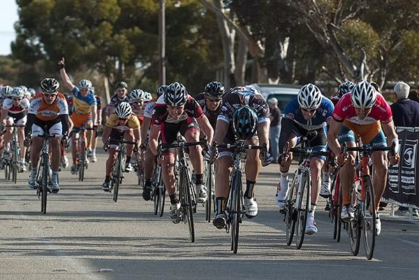 Steele Von Hoff (right) of Genesys Wealth Advisers edges out Ben Kersten (Swan Hill Heart of the Murray) to win stage eight into Lake Boga.