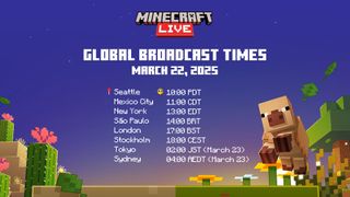 Image of the Minecraft Live (Mar. 2025) broadcast times across the globe.