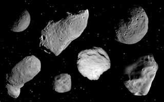 An assortment of asteroids that spacecraft have explored over the years.