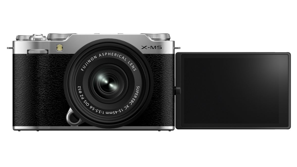 Product shots of a Fujifilm X-M5 digital camera on a white background