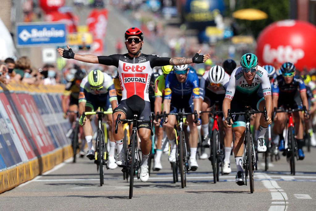 SCHERPENHEUVELZICHEM BELGIUM JUNE 11 Caleb Ewan of Australia and Team Lotto Soudal celebrates at arrival ahead of Pascal Ackermann of Germany and Team Bora Hansgrohe during the 90th Baloise Belgium Tour 2021 Stage 3 a 1744km stage from Gingelom to ScherpenheuvelZichem baloisebelgiumtour on June 11 2021 in ScherpenheuvelZichem Belgium Photo by Bas CzerwinskiGetty Images