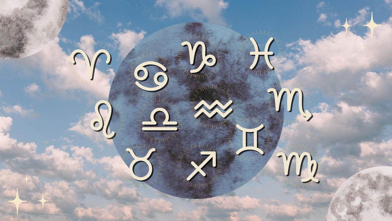 The zodiac signs and the full moon against a cloudy sky