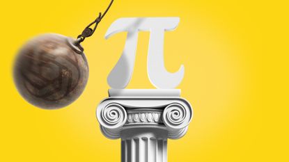 Illustration of a wrecking ball emblazoned with the OpenAI logo swinging towards a marble Pi symbol