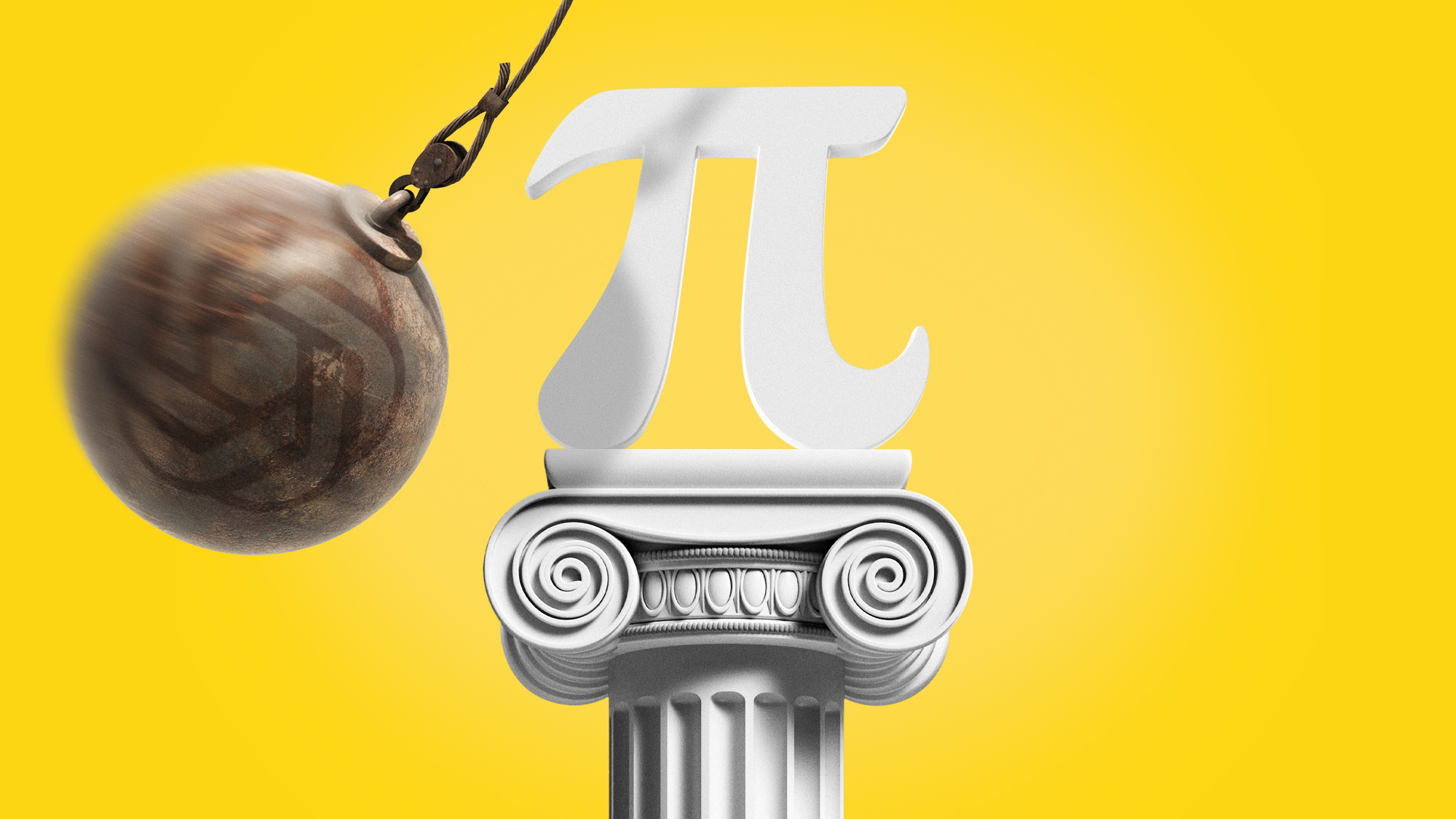 Illustration of a wrecking ball emblazoned with the OpenAI logo swinging towards a marble Pi symbol