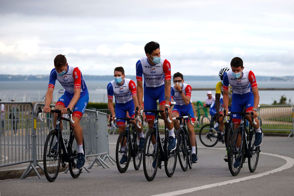 BREST FRANCE JUNE 24 Bruno Armirail of France Arnaud Dmare of France David Gaudu of France Jacopo Guarnieri of Italy Ignatas Konovalovas of Lithuania Stefan Kng of Switzerland Valentin Madouas of France Miles Scotson of Australia and Team Groupama FDJ during the 108th Tour de France 2021 Team Presentation LeTour TDF2021 on June 24 2021 in Brest France Photo by Chris GraythenGetty Images
