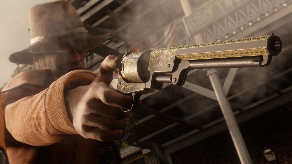 Cowboy holding revolver in Red Dead Online