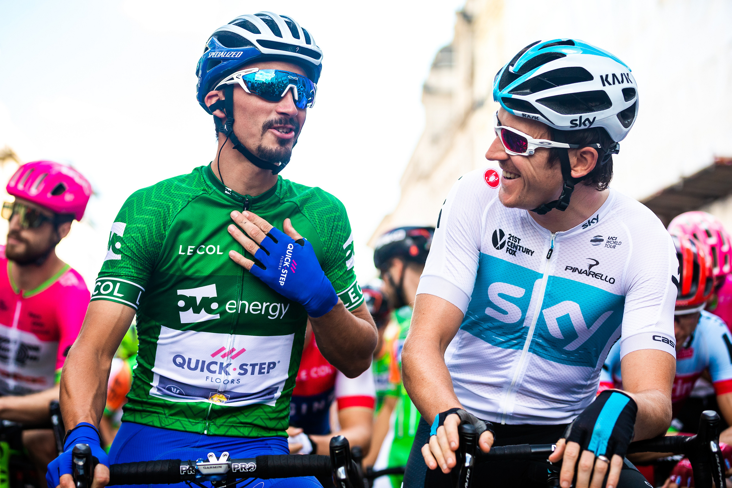 Julian Alaphilippe and Geraint Thomas at the Tour of Britain 2018