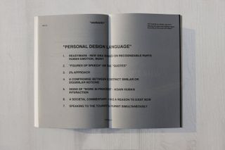 Slides from Virgil Abloh's presentation. Pages are gray with black font writing on them. It's a list of "Personal Design Language".