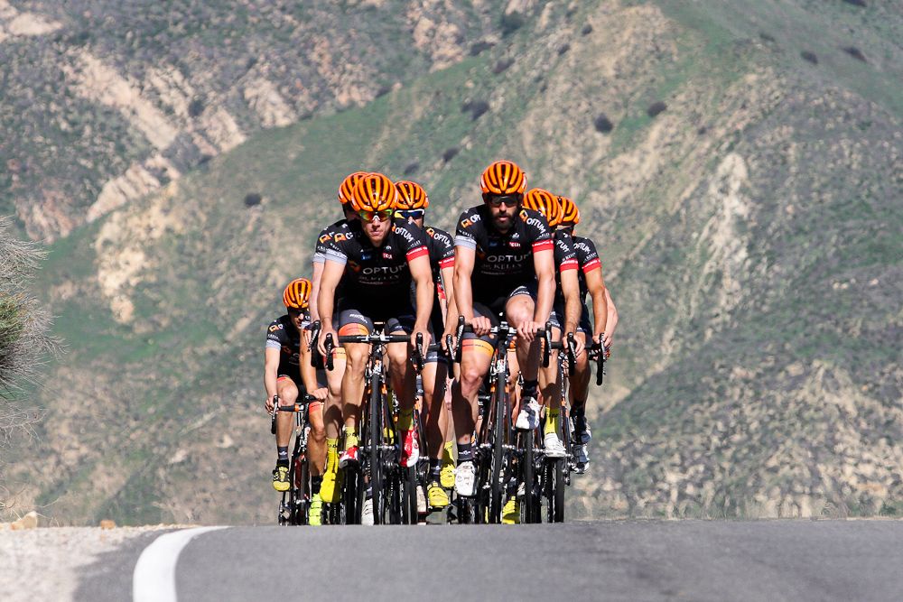 The team crests a climb near Lake Piru.