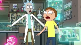 Rick and Morty stand in a lab in their self-titled animated show