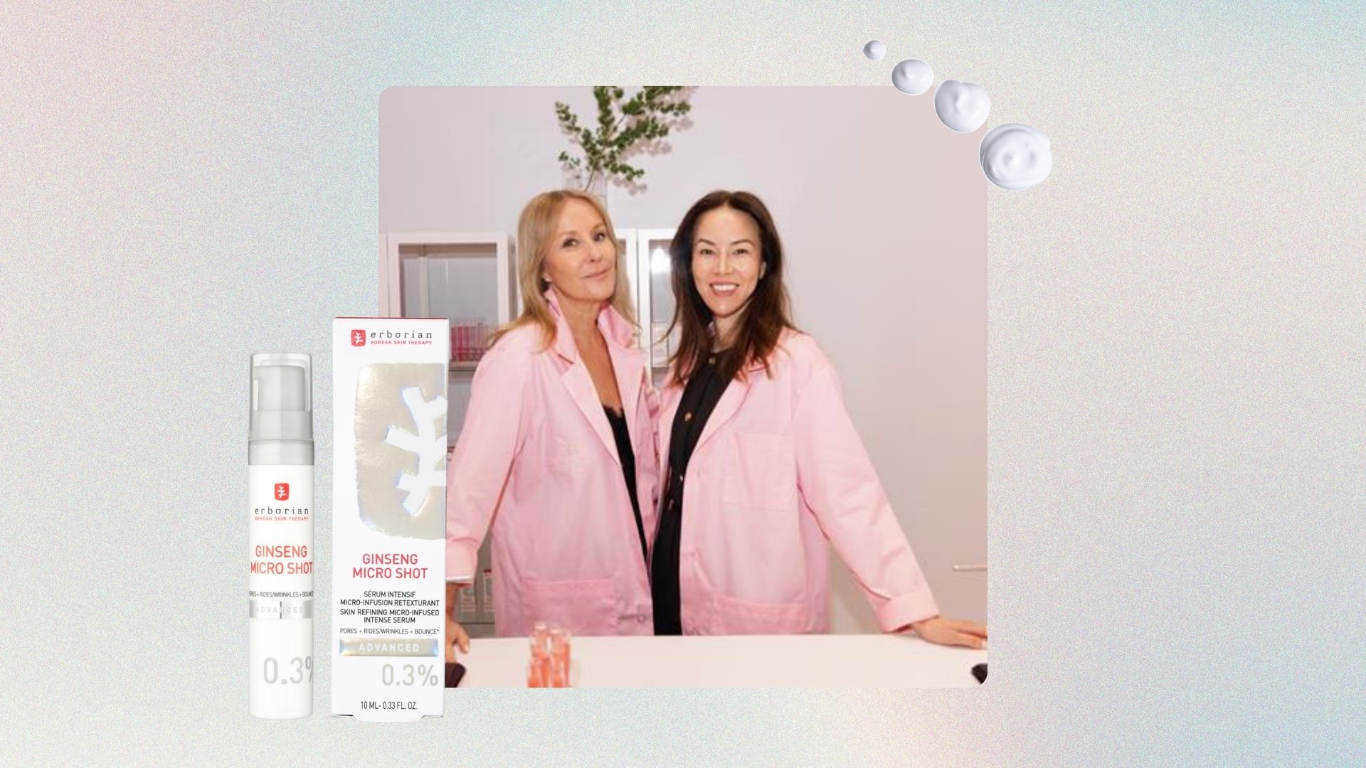 Nadine Baggott and Dr Christine Hall pictured wearing pink lab coats beside a bottle of Erborian Ginseng shot serum