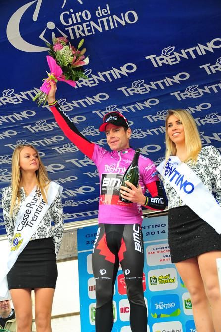 Cadel Evans (BMC) salutes the crowd from the podium following Giro del Trentino Stage 2