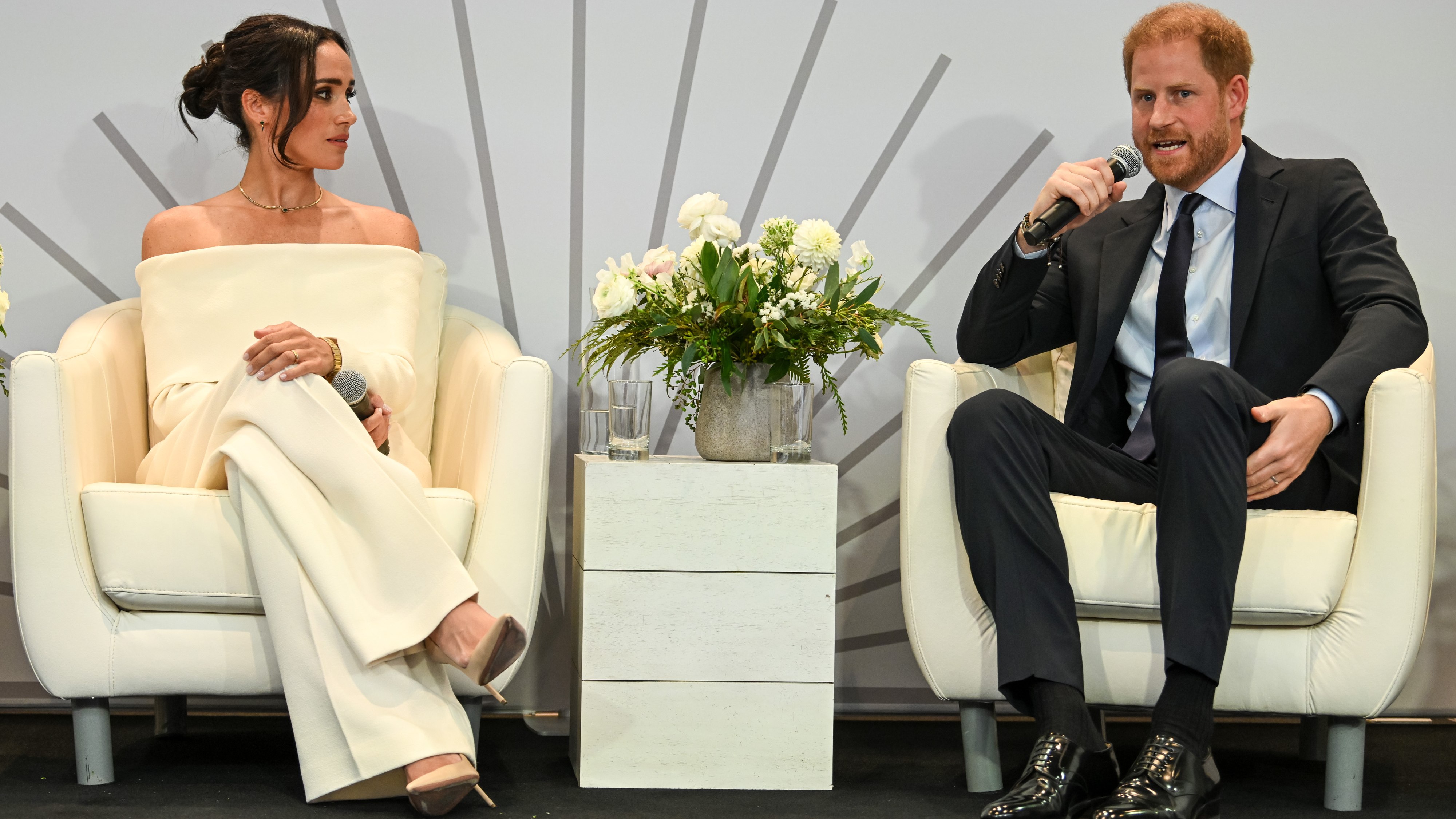 Meghan, Duchess of Sussex and Prince Harry, Duke of Sussex speak onstage at The Archewell Foundation Parents’ Summit: Mental Wellness in the Digital Age during Project Healthy Minds' World Mental Health Day Festival 2023 at Hudson Yards on October 10, 2023