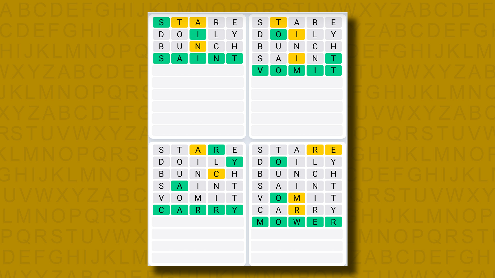 Quordle Daily Sequence Answers for Game 943 on a yellow background