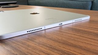 The speakers and USB-C port on the Apple iPad Pro 12.9 6th Generation