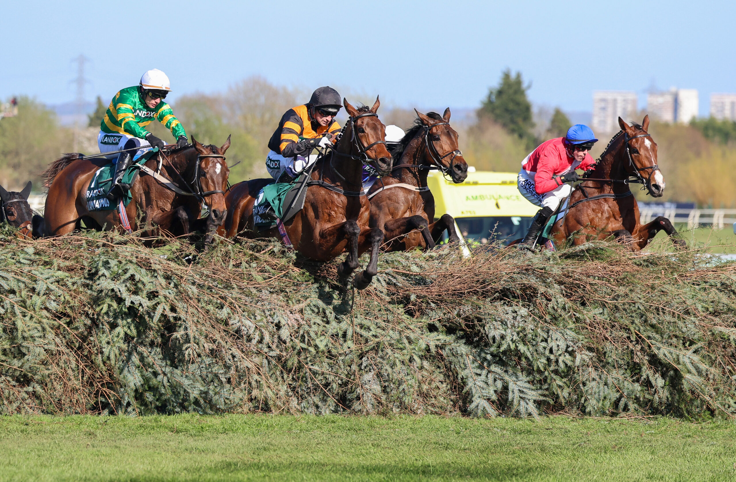 Nick Rockett, ridden by Patrick Mullins, soars over the final fence en route to winning the 2025 Randox Grand National at Aintree.
