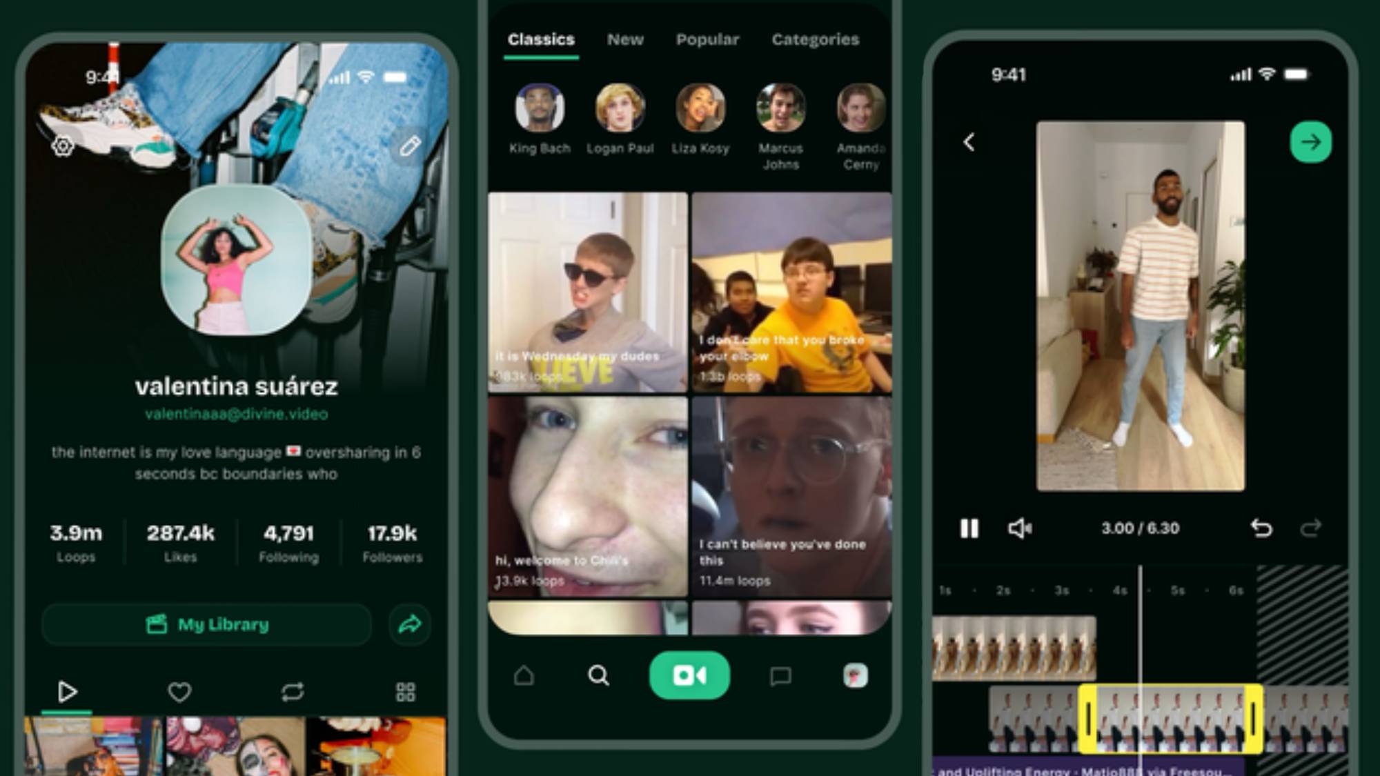 Three smartphones showing the revamped Vine app