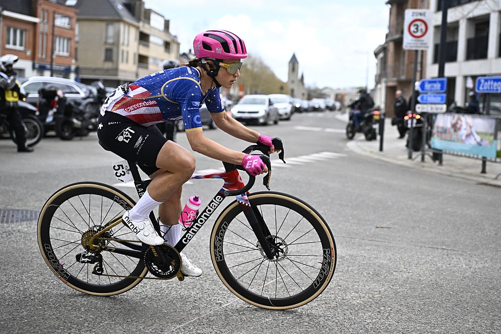 American Kristen Faulkner of EF Education-Oatly pictured in action during the women's race of the 'Ronde van Vlaanderen/ Tour des Flandres/ Tour of Flanders' UCI WorldTour one day cycling race, 164,1 km with start and finish in Oudenaarde, Sunday 05 April 2026.BELGA PHOTO JASPER JACOBS (Photo by JASPER JACOBS / BELGA MAG / Belga / AFP via Getty Images)
