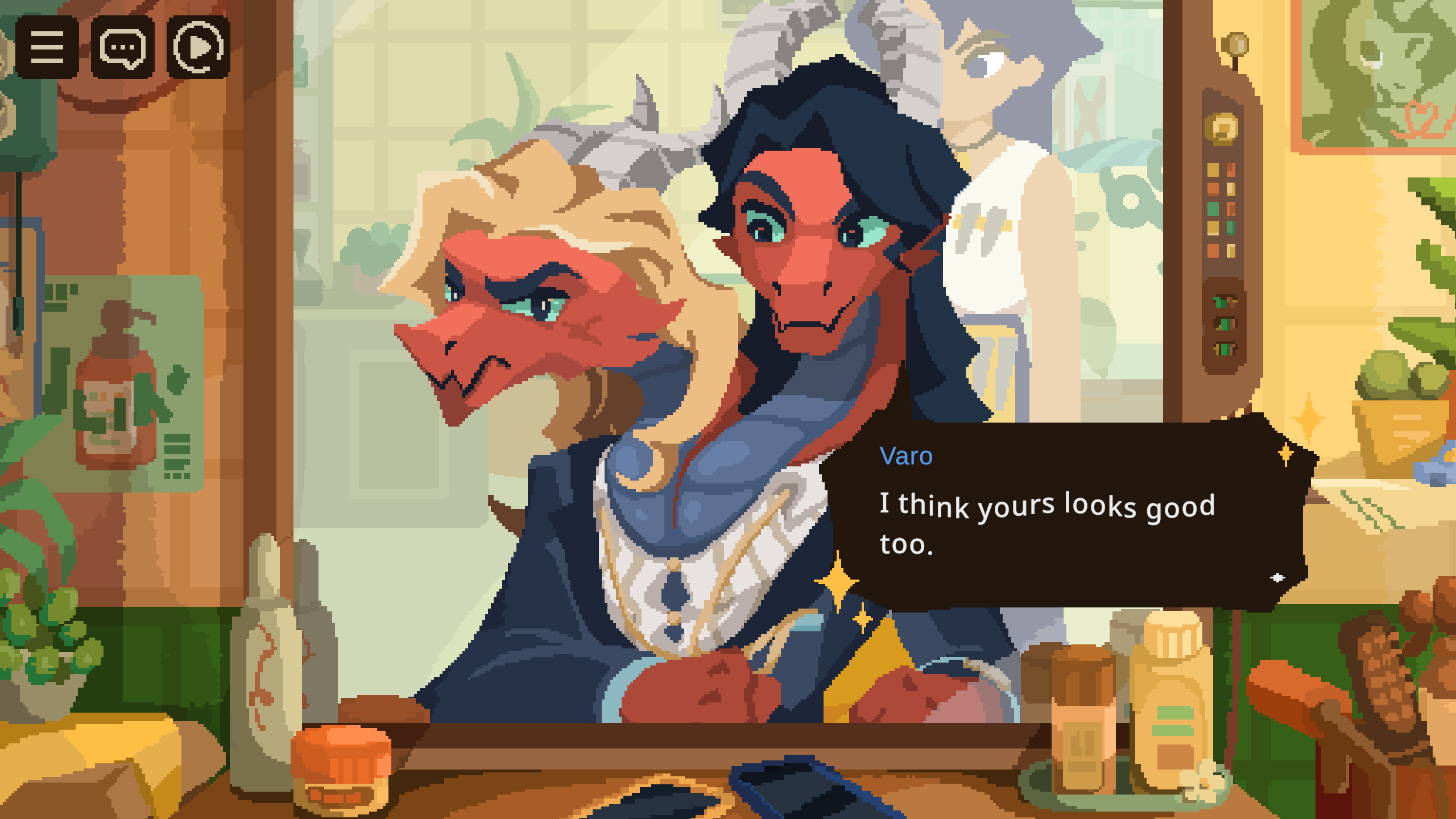 Beastfolk Barber - a two-headed dragon with two hairstyles sits in a barber chair