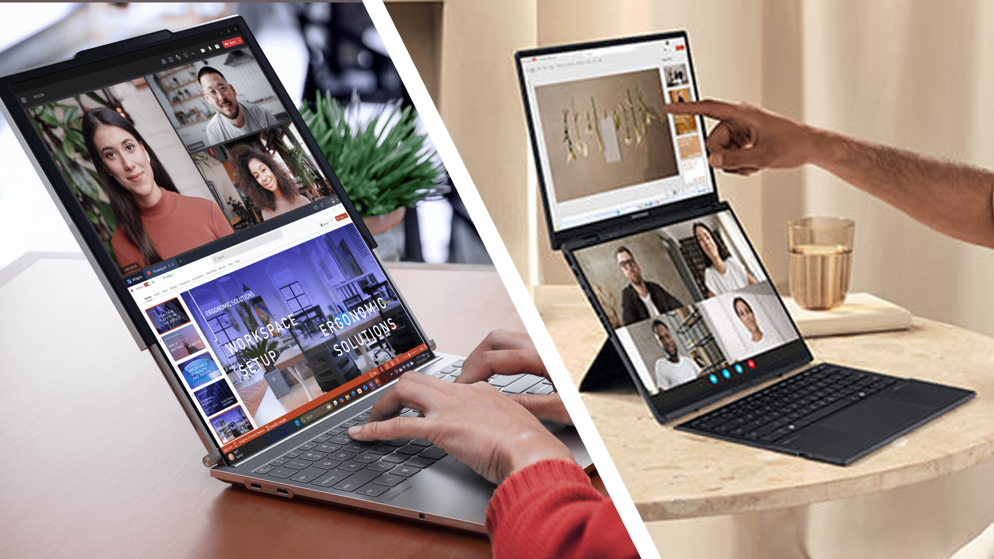 A person typing on a Lenovo laptop with a rollable screen, next to a hand pointing at an Asus Zenbook Duo on a table