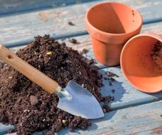 potting soil with hand trowel and terracotta pots