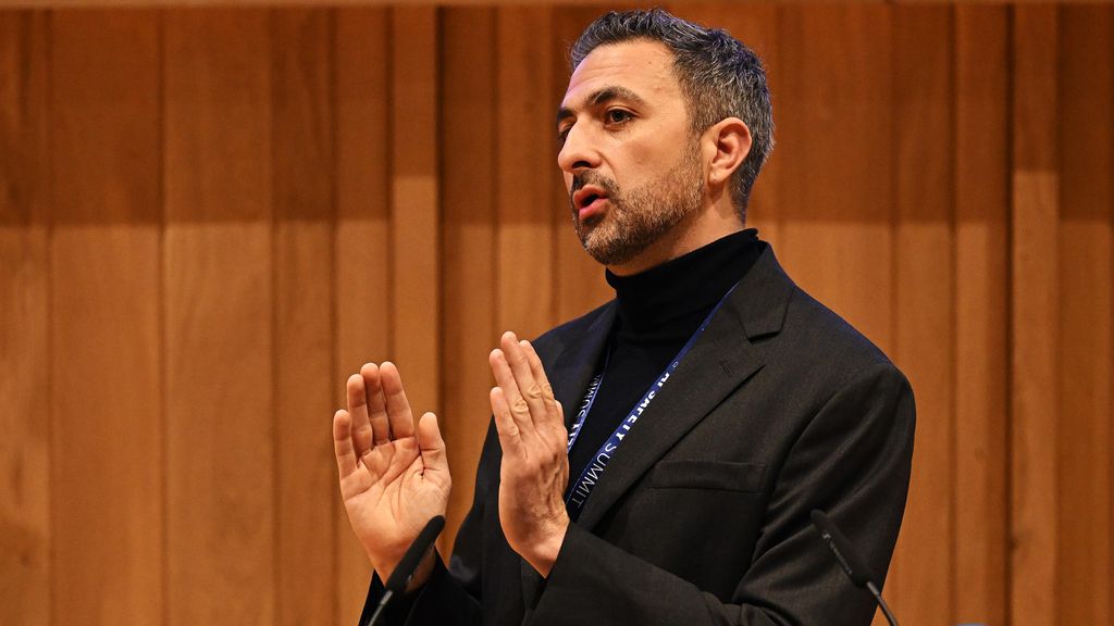 Mustafa Suleyman, Microsoft's AI CEO, talks on Day 1 of the AI Safety Summit at Bletchley Park on November 1, 2023, in Bletchley, England.