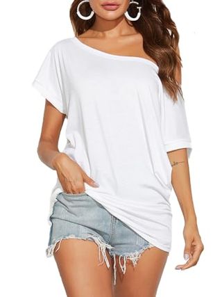 Poetsky Casual Tops for Women One Off Shoulder T Shirts Short Sleeve Blouses White M