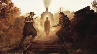 A wallpaper for Hunt: Showdown's Desolation's Wake event, showing three central characters from the event