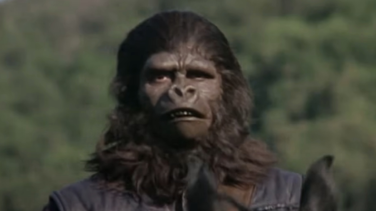 Ape guard looking confused in Planet Of The Apes