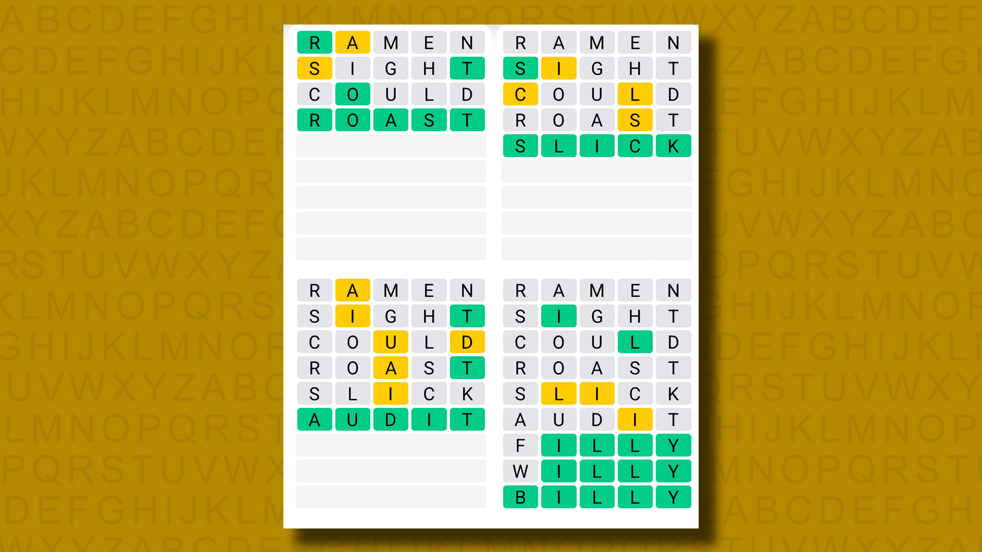 Quordle answers for game 1289 on a yellow background