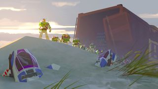 "Toy Story 5" concept art featuring a collection of Buzz Lightyear toys emerging from a shipping container on an island