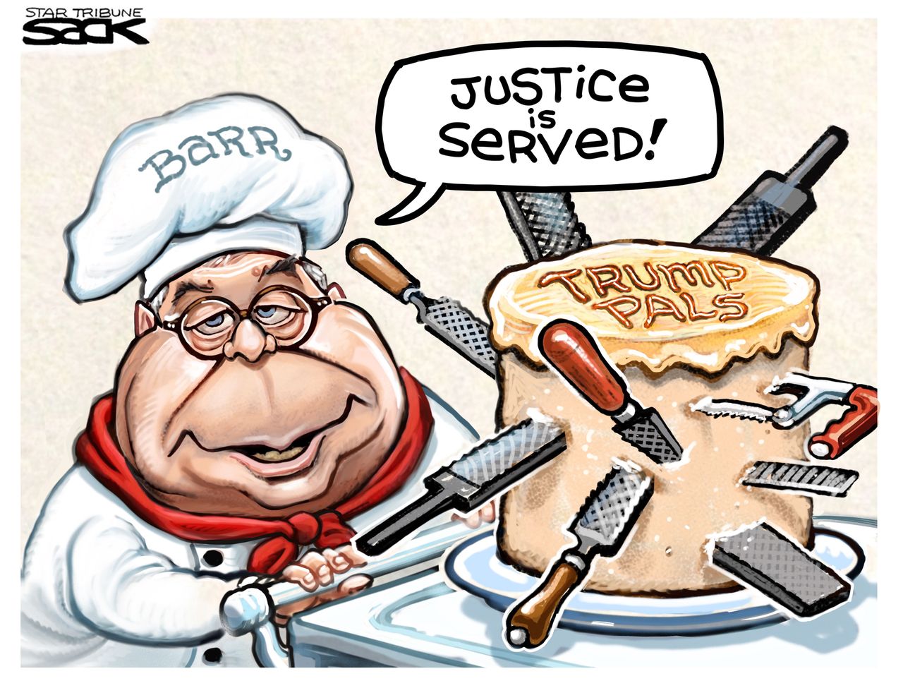 Political Cartoon U.S. Trump William Barr DOJ cake knives saws