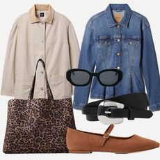 suede flats, leopard bag, barn jacket, denim jacket, and black sunglasses in a collage 