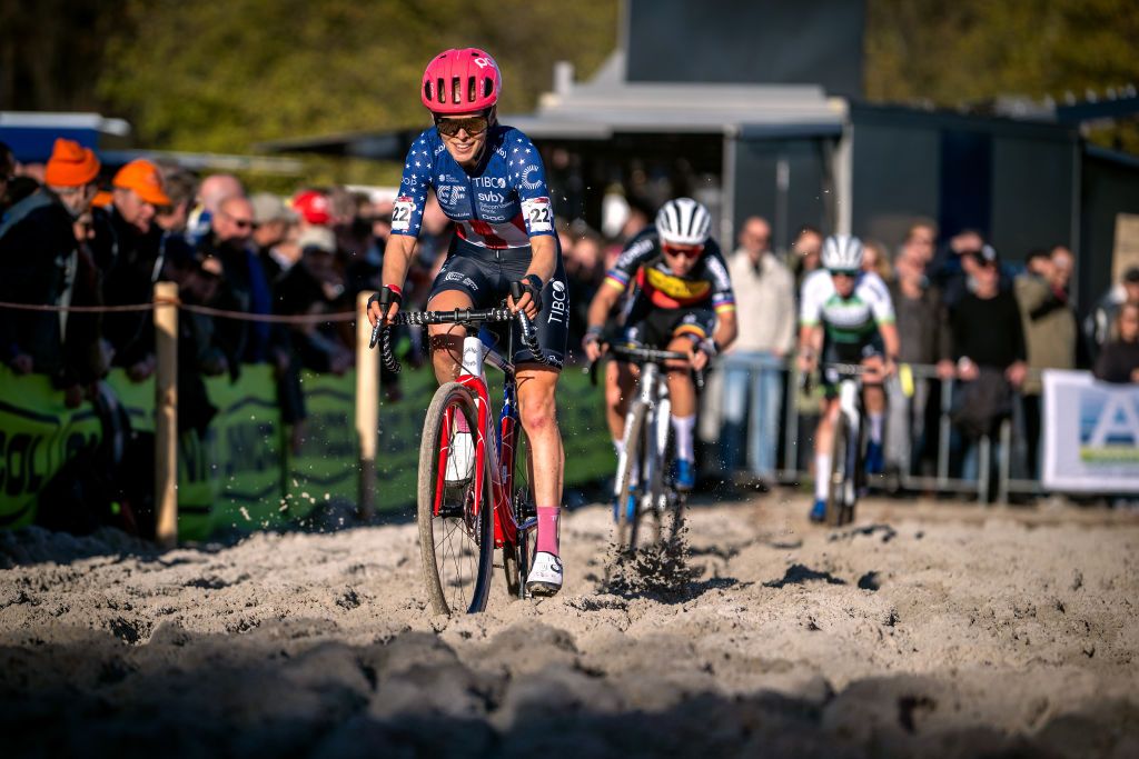 BERGEN NETHERLANDS NOVEMBER 13 Clara Honsinger of The United States and Team EF Education Tibco Svb competes during the 1st UCI Cyclocross World Cup Beekse Bergen 2022 Womens Elite CXWorldCup BeekseBergen Cyclocross on November 13 2022 in Bergen Netherlands Photo by Luc ClaessenGetty Images