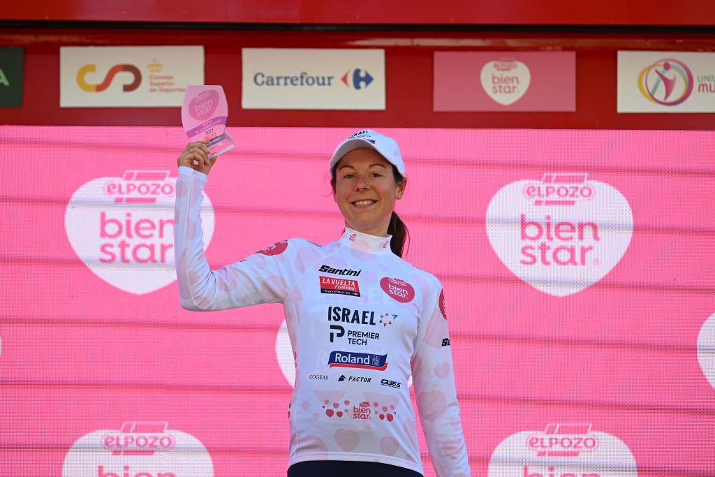 GUADALAJARA SPAIN MAY 04 Anna Kiesenhofer of Austria and Team IsraelPremier Tech Roland celebrates at podium as White Most Combative Rider Jersey winner during the 9th La Vuelta Femenina 2023 Stage 4 a 1331km stage from Cuenca to Guadalajara UCIWWT on May 04 2023 in Guadalajara Spain Photo by Dario BelingheriGetty Images