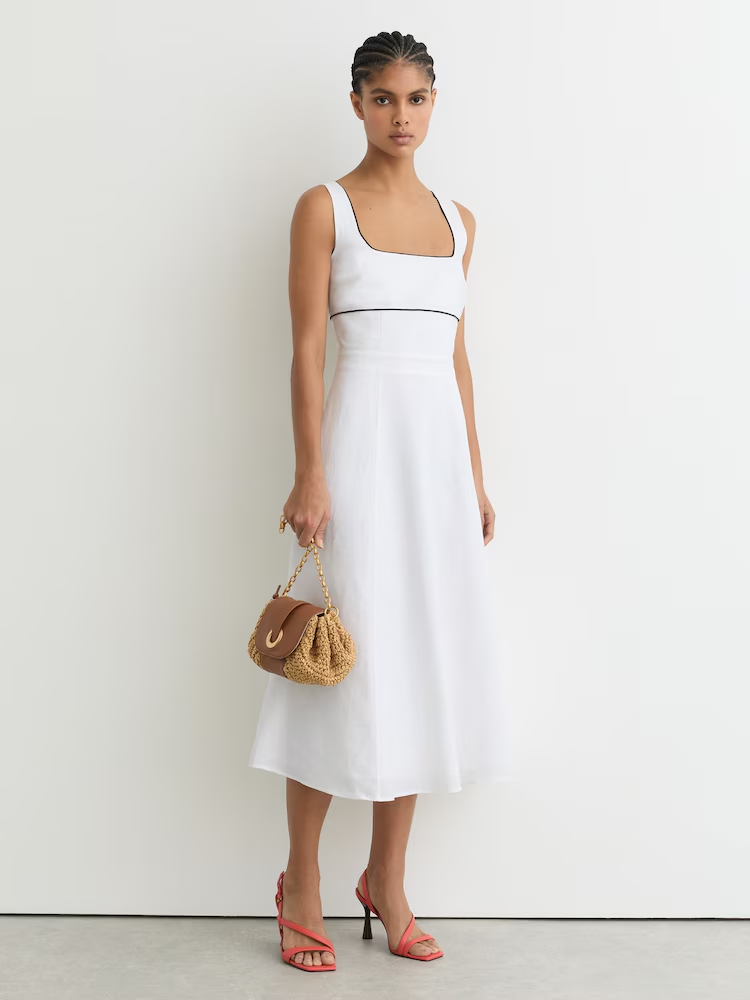 Reiss, Linen Contrast-Trim Midi Dress
