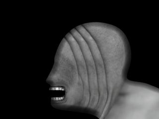 Creepy abstract image of a human profile with teeth exposed but no other facial features, against a black background.