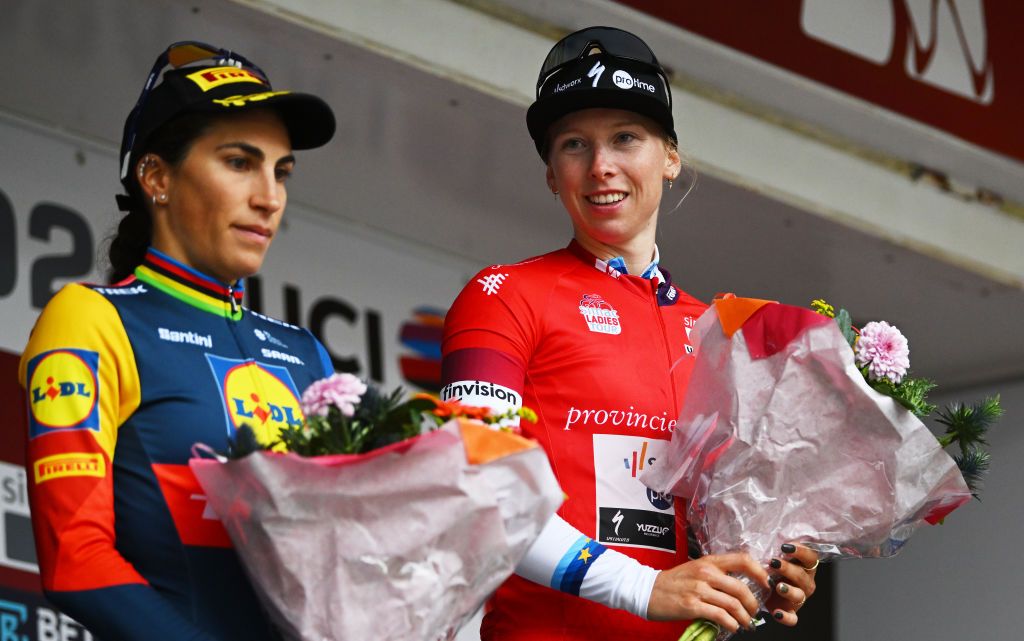 ASSEN NETHERLANDS OCTOBER 09 LR Elisa Balsamo of Italy and Team Lidl Trek on second place race winner Lorena Wiebes of The Netherlands and Team SD Worx Protime pose on the podium ceremony after the 26th Simac Ladies Tour 2024 Stage 2 a 1548km stage from Coevorden to Assen on October 09 2024 in Assen Netherlands Photo by Luc ClaessenGetty Images