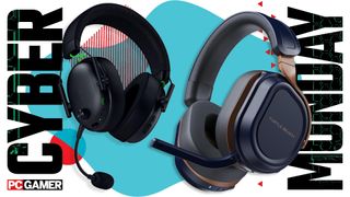 PC Gamer's Cyber Monday image template with a blue and bronze Turtle Beach Stealth 700 Gen 3 headset on the right, and a slightly smaller Razer BlackShark V3 headset on the left.