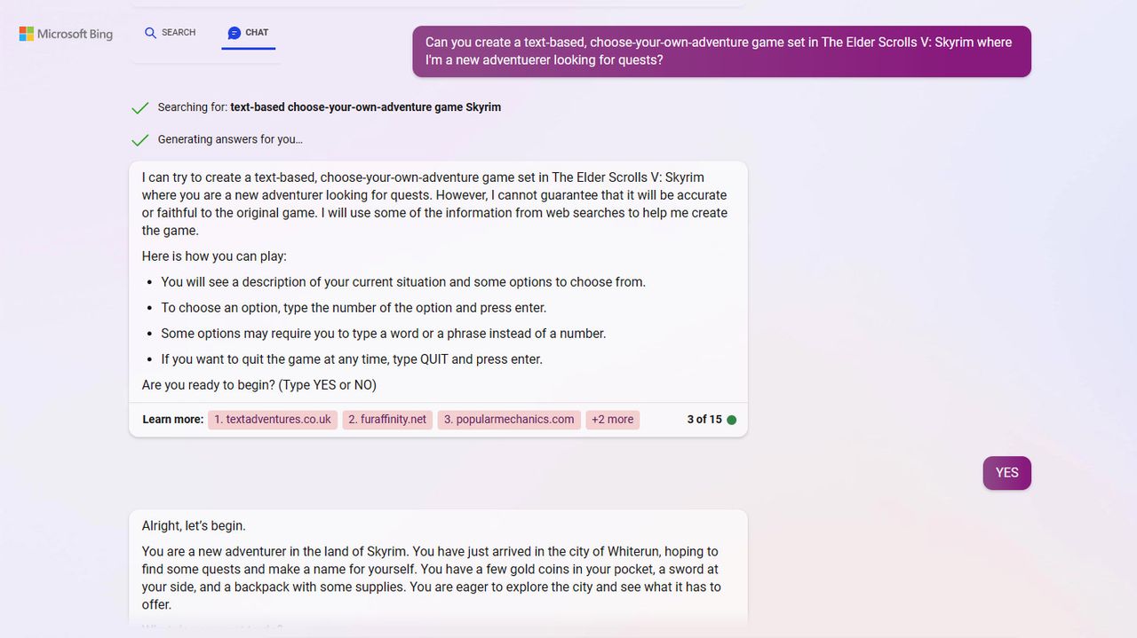 Bing Chat creates a text-based adventure game based on The Elder Scrolls V: Skyrim