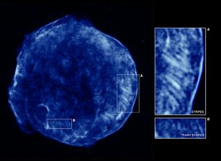 This Chandra image shows the higher energy X-rays detected from the Tycho supernova remnant. These X-rays show the expanding blast wave from the supernova, a shell of extremely energetic electrons. Close-ups of two different regions are shown, region A co