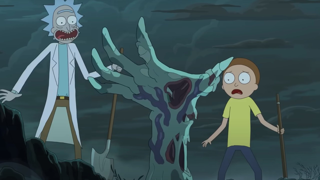 Rick y Morty reaccionando a una mano zombie