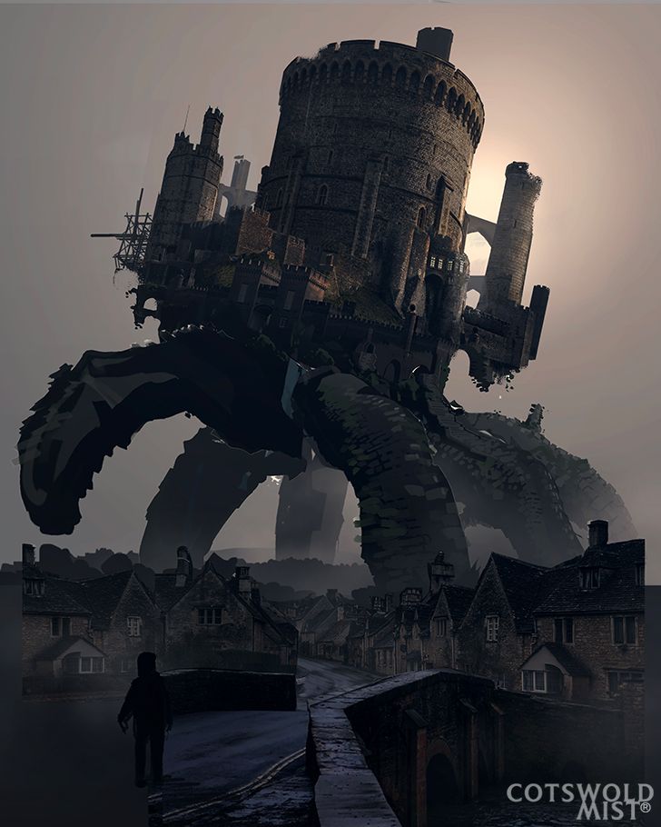 Cotswold Mist; making of a scene showing a castle walking above an English village