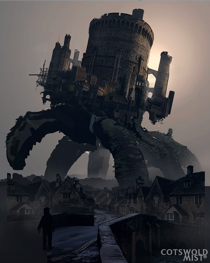 Cotswold Mist; making of a scene showing a castle walking above an English village